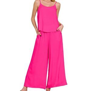 WOVEN CAMI & PANTS 2 PIECE SET Hot Pink Style QTQP 7261A3